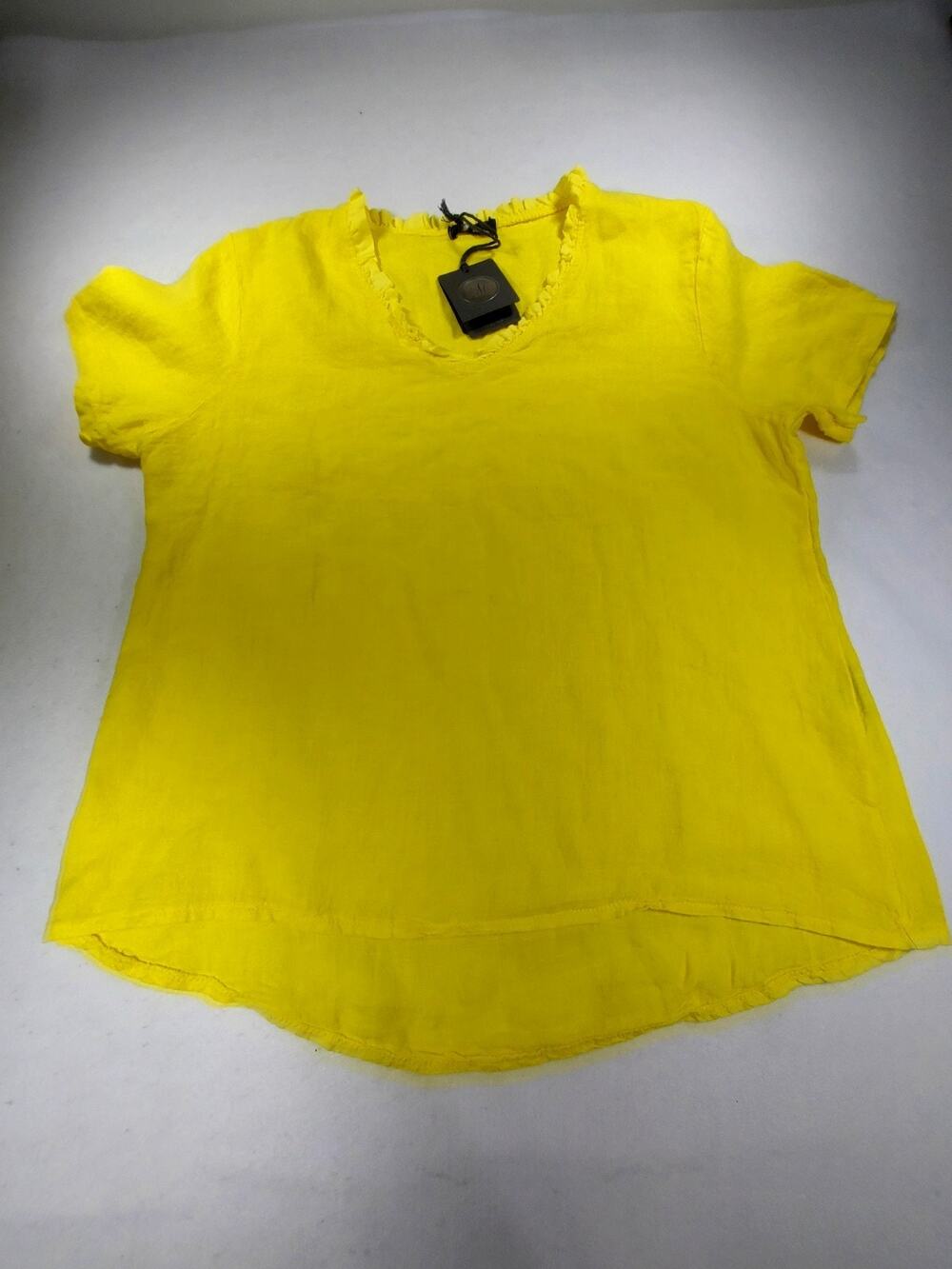 M Made in Italy Lemon Linen Top Ruffle V-Neck High-Low Hem Short Sleeve Blouse